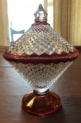 Vintage Clear Diamond Cut With Red Trim Depression Glass Candy Dish With Lid