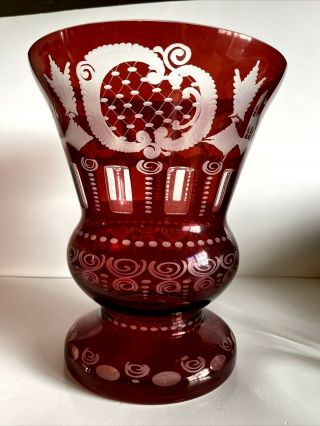 Vintage Bohemian Ruby Red Glass Vase Cut To Clear Etched Deer Castle