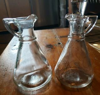 2 Hazel Atlas Gold Drizzle Oil Vinegar Pitcher Cruet Glass 5 " Tall Vintage