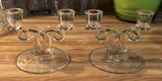 1940s Heisey Clear Crystal Lariat 1540 Double Light Candle Holders