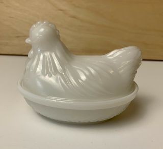 Vintage Hazel Atlas Milk Glass Miniature Hen On Nest Covered Candy/trinket Dish