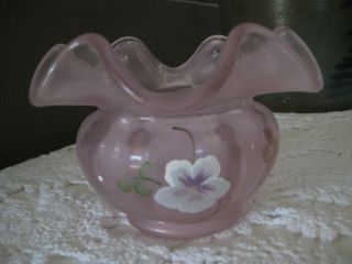Fenton Artist Signed Pink Floral Opalescent Ruffled Crimped Glass Vase W/sticker