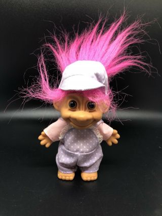 Vintage Russ Troll Doll Purple Polka Dot Overalls Pink Hair 5 Inch