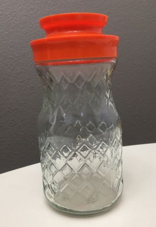 Vtg Anchor Hocking Tang Jar Clear Glass Quilted Pattern Orange Plastic Lid Usa