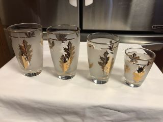 4 Vintage 1950’s - 1960’s Frosted Drinking Glasses With Gold Leaves - Libbey