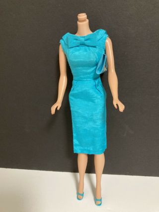 Vtg Barbie Turquoise Aqua Blue Silk Sheath Pak Dress,  Purse,  Shoes