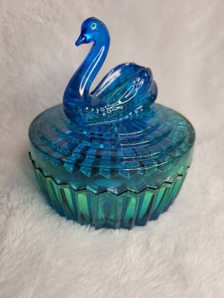Vintage Ombre Blue Green Swan Candy Dish Jeannette Glass Powder Jar