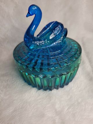 Vintage Ombre Blue Green Swan Candy Dish Jeannette Glass Powder Jar 2