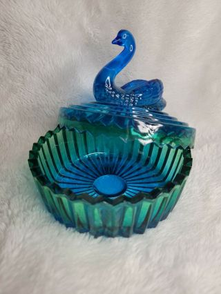 Vintage Ombre Blue Green Swan Candy Dish Jeannette Glass Powder Jar 3