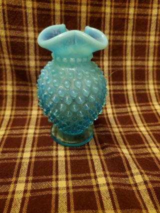 Vintage Fenton Blue Opalescent Ruffled Hobnail Small Glass Vase