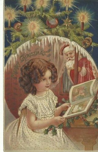 Antique Embossed Christmas Postcard Santa Claus Watching Young Girl Read Book