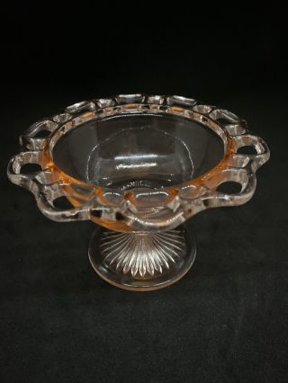 Vintage Pink Depression Glass Open Lace Edge Footed Candy Dish