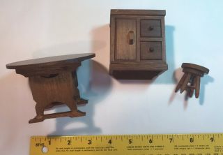 Vintage Wood Doll House Furniture: Piano Stool,  Table,  Dry Sink / Hutch