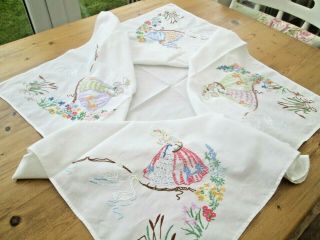 Vintage White Hand Embroidered Crinoline Ladies Swans Floral Tablecloth 34 " X38 "