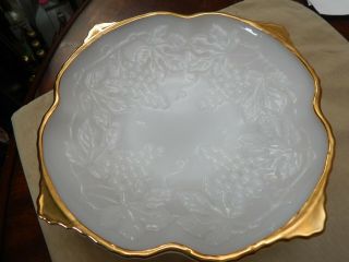 Vintage Milk Glass Gold Trim Footed Bowl By Anchor Hocking: Grape Vines