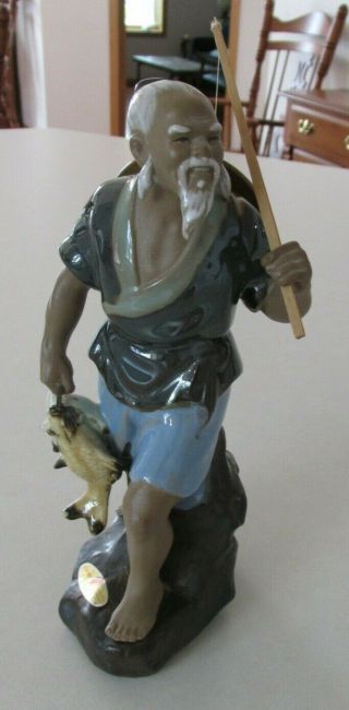 Vintage 1960s Chinese Mudman Shiwan Artistic Ceramic Factory Fisherman Figurine