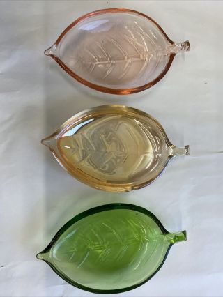 Vintage Set Of 3 Glass Leaf Shaped Snack Dishes,  6” Long