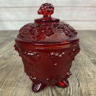 Vintage Jeannette Glass Red Grapes And Leaves Footed Candy Jar
