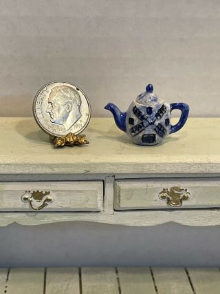 Vintage Artisan Marked Blue Delft Tea Pot W/lid Dollhouse Miniature 1:12