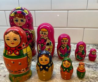 Vintage Hand Painted Wood Russian Nesting Doll Matryoshka 2 Set As - Is 7 " & 5 "