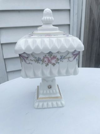 Vintage Westmoreland Milk Glass Compote Pedestal Candy Dish & Lid Floral Bows