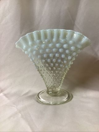 Vintage Fenton Glass 6” Footed White French Opalescent Hobnail Fan Vase