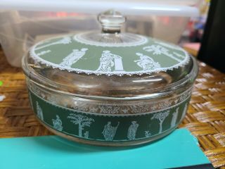 Vintage Jeanette Glass Green Hellenic Grecian Candy Dish With Lid