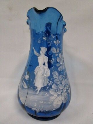 Vintage Mary Gregory Type Victorian Blue Glass Water Pitcher - Show Piece