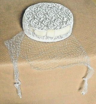 Vintage Ivory Lace Hat With Velvet Bow And Trim With Netting & Ties With Accents