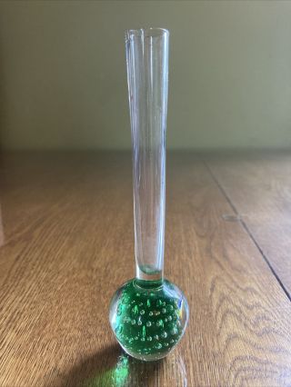 Vintage Green Controlled Bubble 6 Inch Tall Hand Blown Art Glass Bud Vase