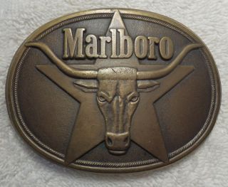 Solid Brass Marlboro Long Horn Steer Star Belt Buckle 1987 Philip Morris,  Inc.