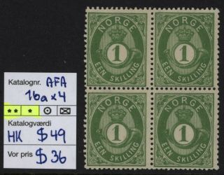 Norway Afa 16a X4.  Block Of 4,  2x Mnh And 2x Mh.