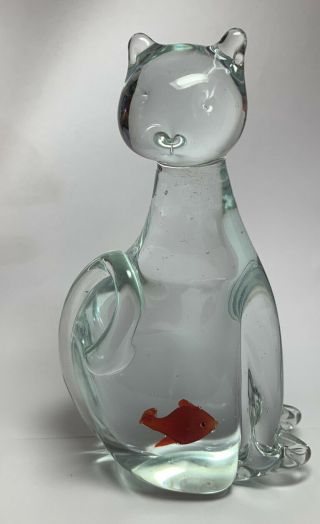 Clear Murano Style Art Glass Cat With Goldfish In Belly 6.  5 " Cat Lady Fun Gift