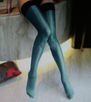 1pr Semi Opaque Sheer Shiny Nylon Stockings Sz12xlx36 Turquoise/blk