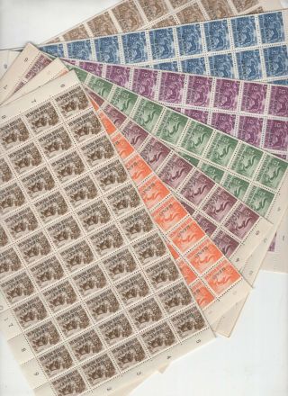 Indonesia Riau Overprint 5 Sen/50 Sen Complete Sheets 7x 100 Mnh Stamps Folded O