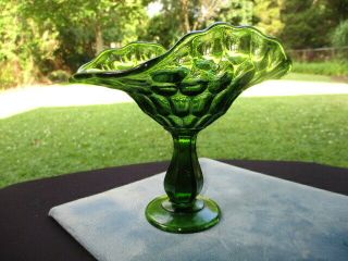 Fenton Mid Century Glass Whimsy Compote Thumbprint Jamestown Avocado Green