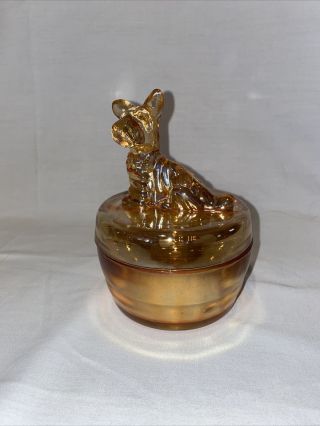 Vintage Jeanette Glass Marigold Carnival Glass Vanity Powder Jar Dish — - Scottie