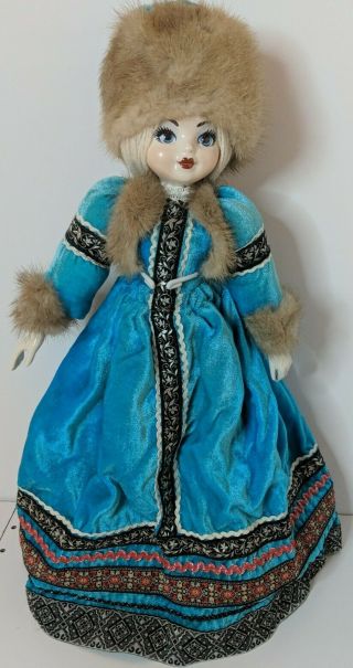 Vintage 18 " Russian Porcelain Doll Fur Hat Scarf Turquoise Ribbon Dress Cloth