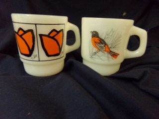 Two Fire King/anchor Hocking D - Handled Coffee Cups Tulip/oriole Blue Jay