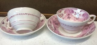 Pair Antique Pink Luster Lusterware Tea Cup & Saucer