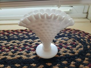Vintage Fenton Hobnail White Milk Glass Small Fan Vase Ruffled Top 4 " Tall