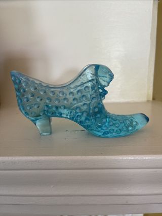 Vintage Blue Fenton Hobnail Cat Kitten Head Glass Slipper Shoe 3 " H