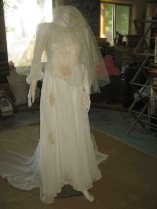 Vtg 50s Handmade Wedding Dress Gown Tulle Lace Full Length W/vail & Satin Slip