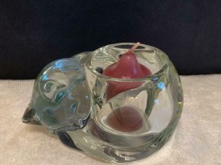 Vintage Indiana Glass Sleeping Cat Votive Crystal Candle Holder Paper Weight Usa