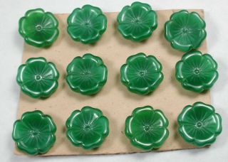 Set Of 12 Vintage Glass Buttons Green Flower Design - 1/2 "