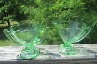 Fancy Scalloped Top Green Glass Sugar And Creamer Set