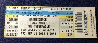 Evanescence Concert Ticket Stub 9 - 12 - 03
