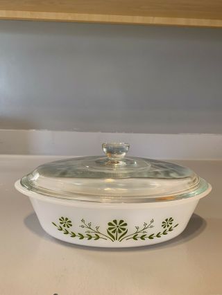 Vintage Glasbake J235 1 Qt Oval Casserole Dish With Lid - Green Daises