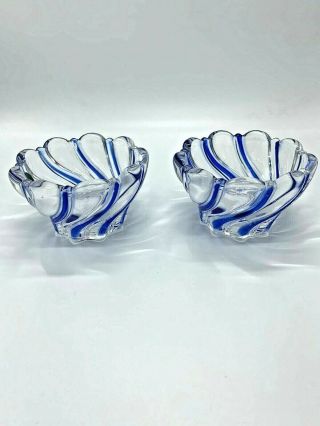 Set Of 2 Mikasa Crystal Candle Holders Peppermint Swirl Cobalt Blue And Clear