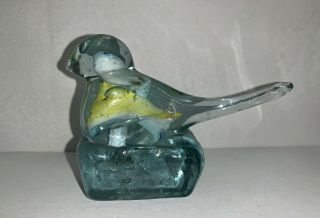 Vintage Hand Blown Art Glass Bird Figurine Paperweight Yellow And Teal